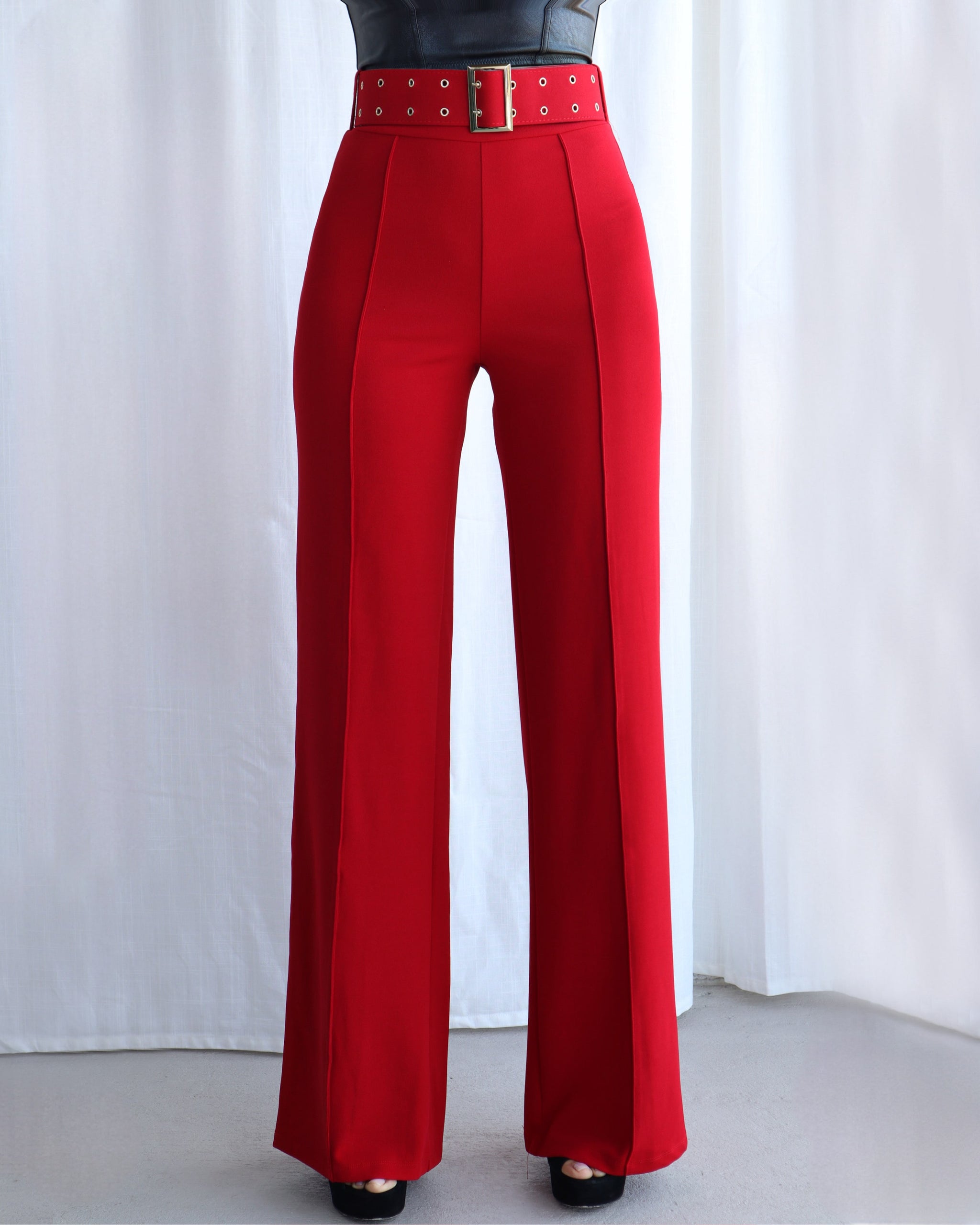 red high waisted dress pants Bold Statement High-Waisted Trousers- S / RED-red Keep improving in order to make your clothes more comfortable RED HIGH-WAISTED PANTS WITH BELT