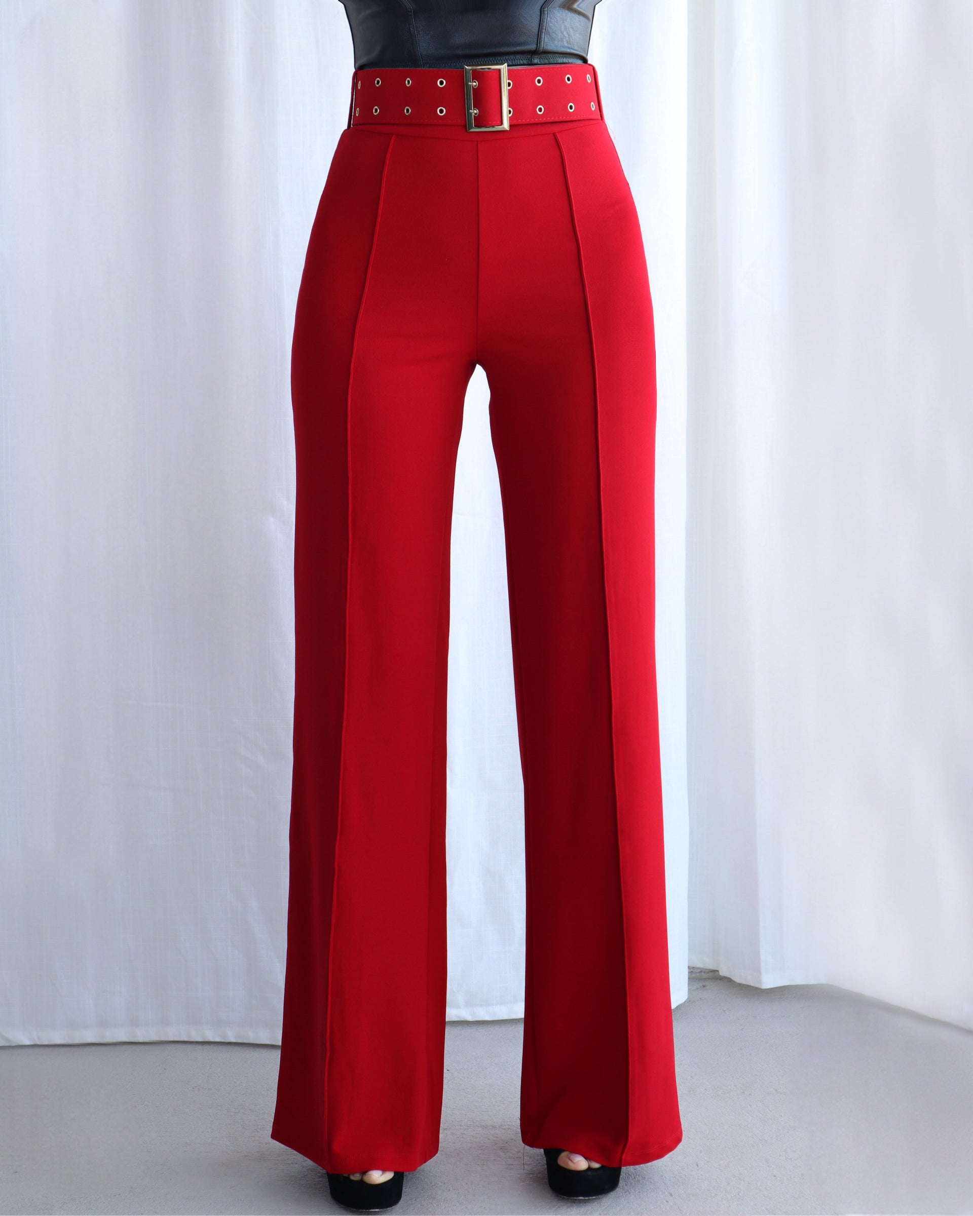 FRINE RED HIGH-WAISTED PANTS WITH BELT WITH BUCKLE DETAIL